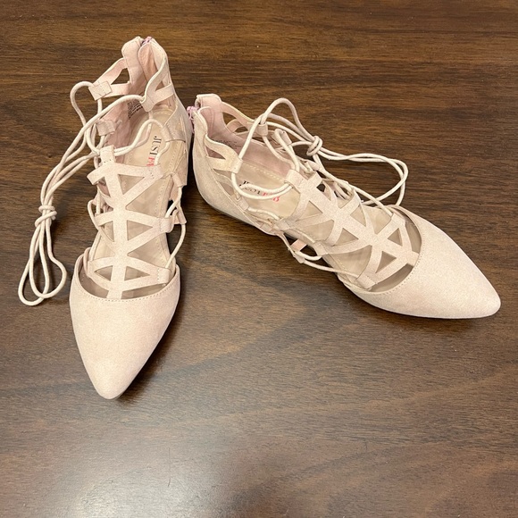 Lace Up Blush Suede Flats - Picture 1 of 8